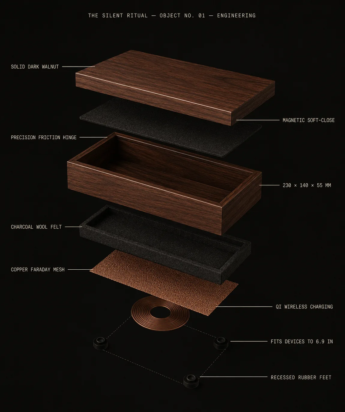 Exploded engineering diagram of Object No. 01: solid dark walnut lid, magnetic soft-close, charcoal wool felt lining, copper Faraday mesh, and an integrated Qi wireless charging coil.