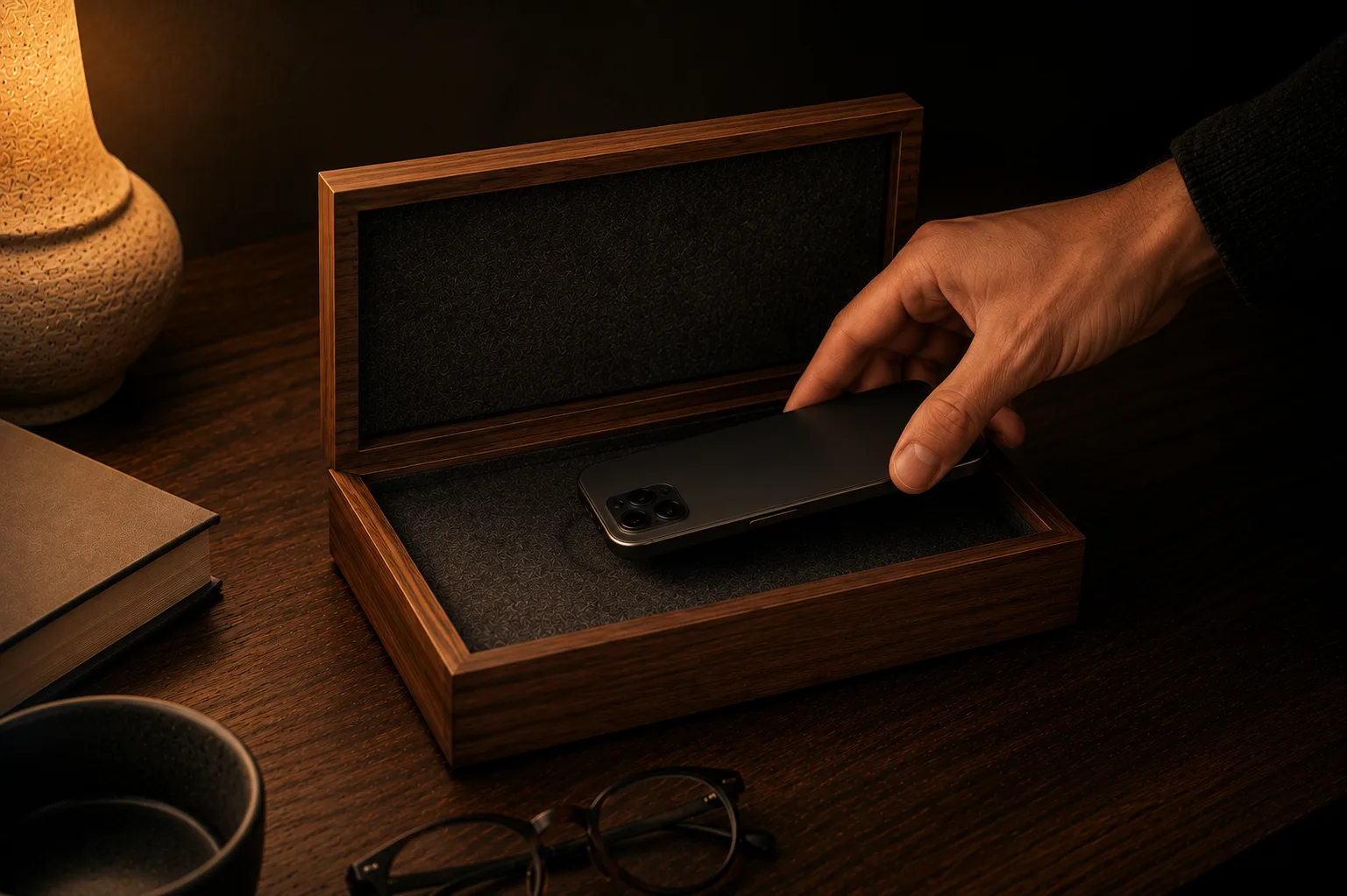 A hand lowering a phone into the open Silent Ritual walnut box on a nightstand, lit by a warm lamp.